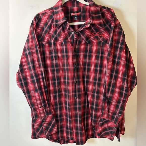 Budweiser Other - Budweiser Red and Black Plaid‎ Men's Shirt with snap buttons Size XL